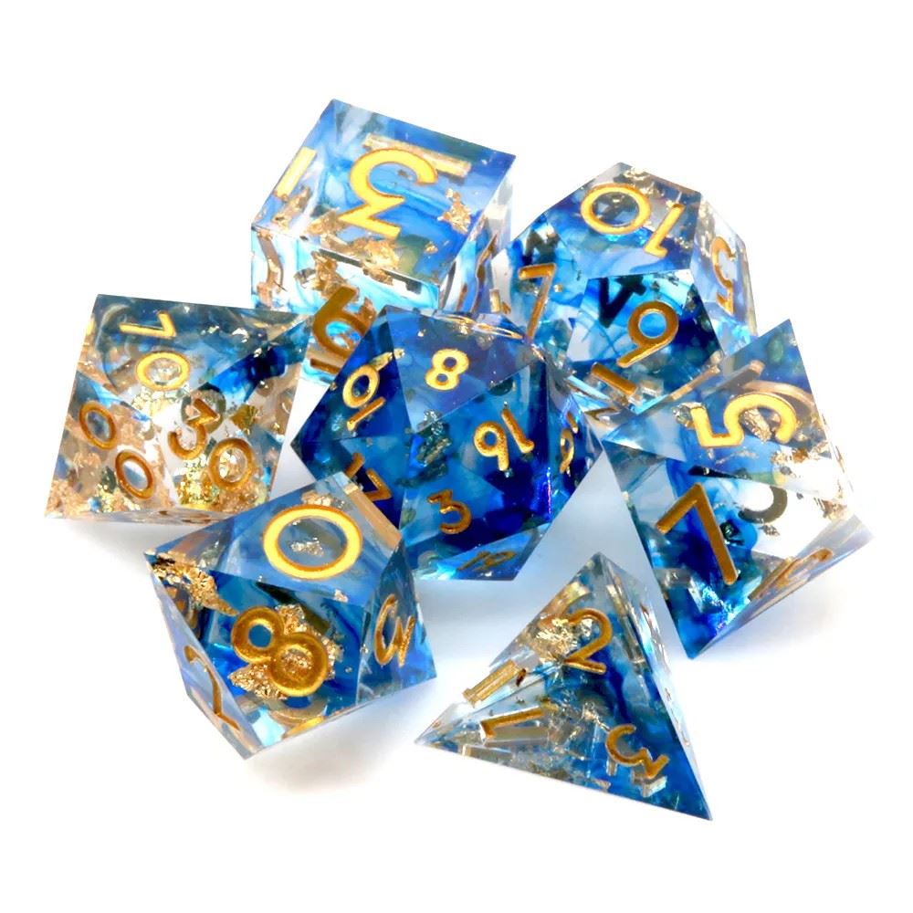 Blue Swirl in Clear with Gold Foil Sharp Resin - 7pcs RPG Dice Set