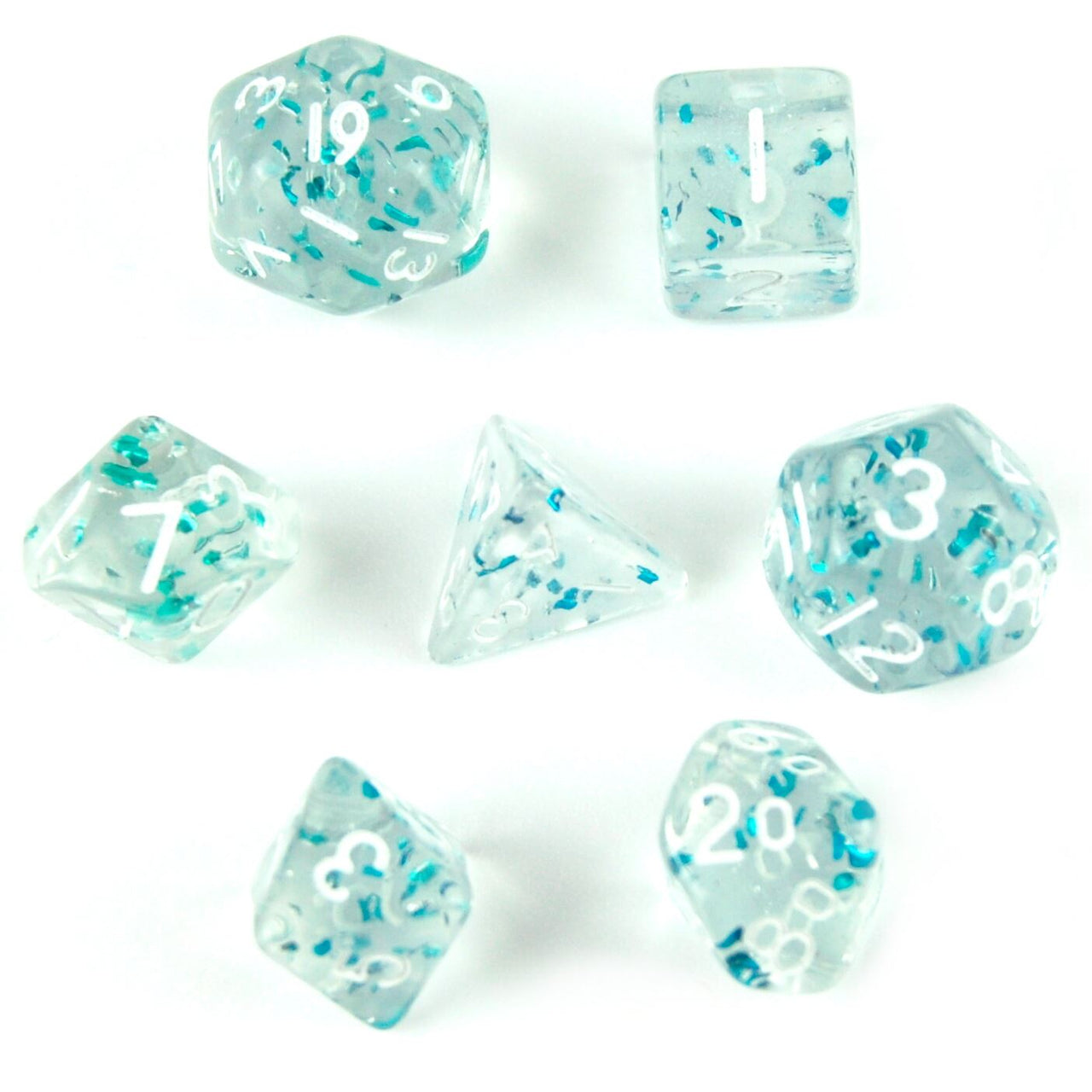 Glitter in Clear & Blue Acrylic - 7pcs RPG Mini Dice Set