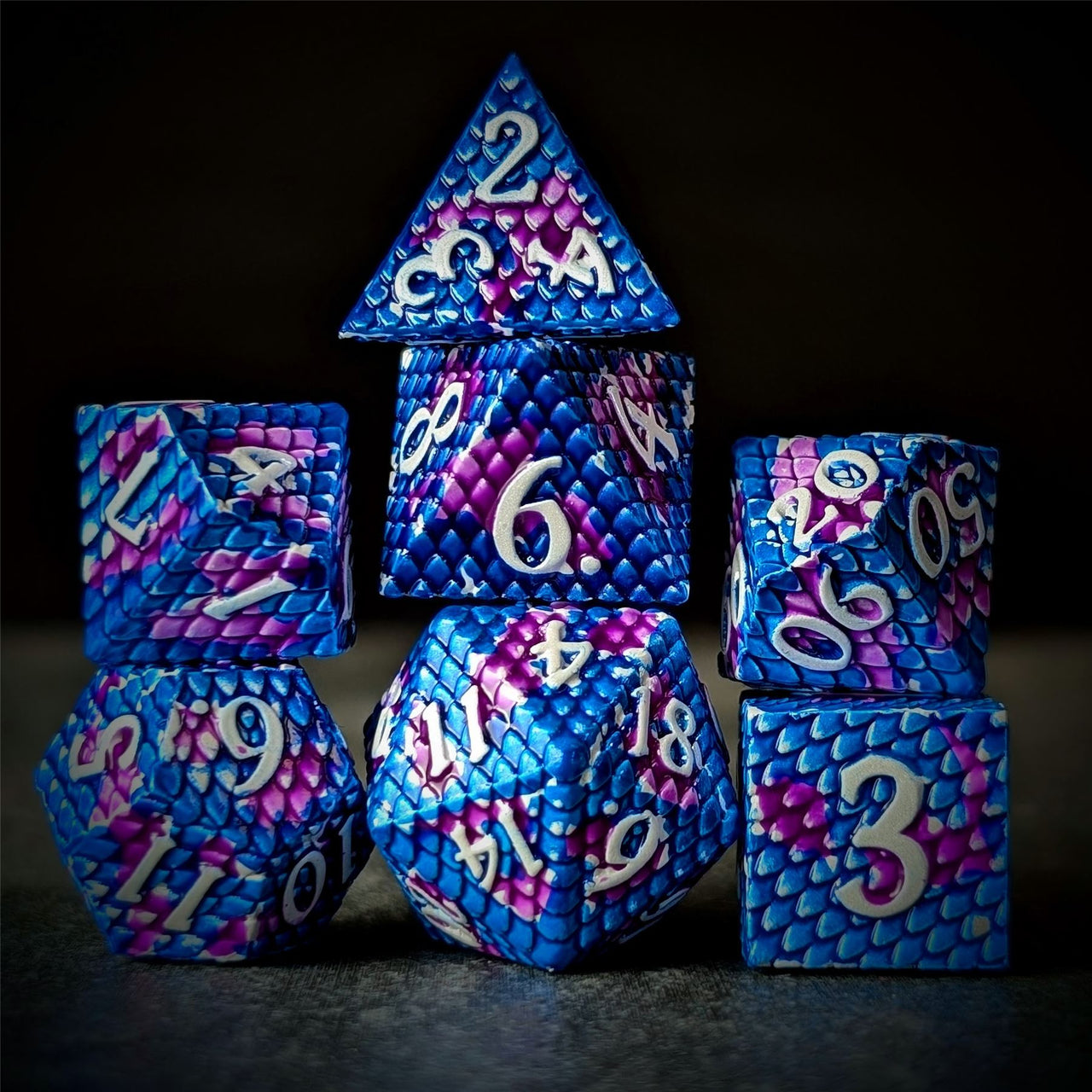 Purple & Blue Dragon Scale Metal - 7pcs RPG Dice Set