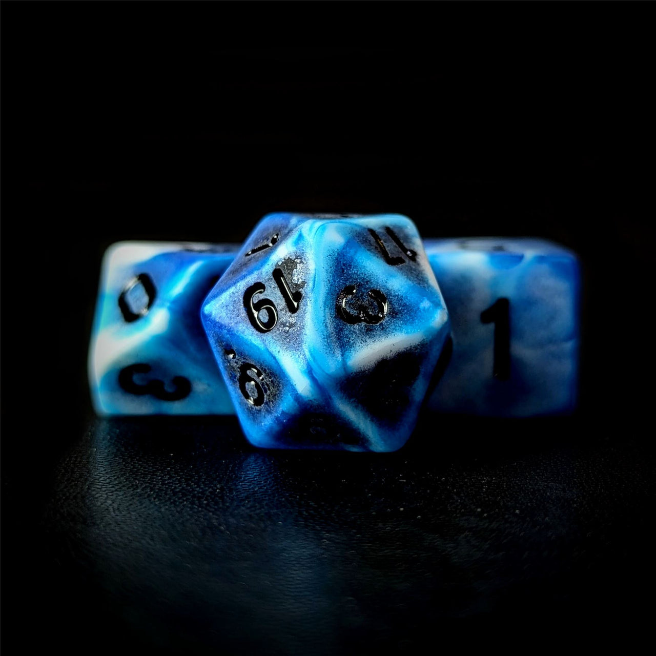 Washed Blue on White Acrylic - 7pcs RPG Full Dice Set Close