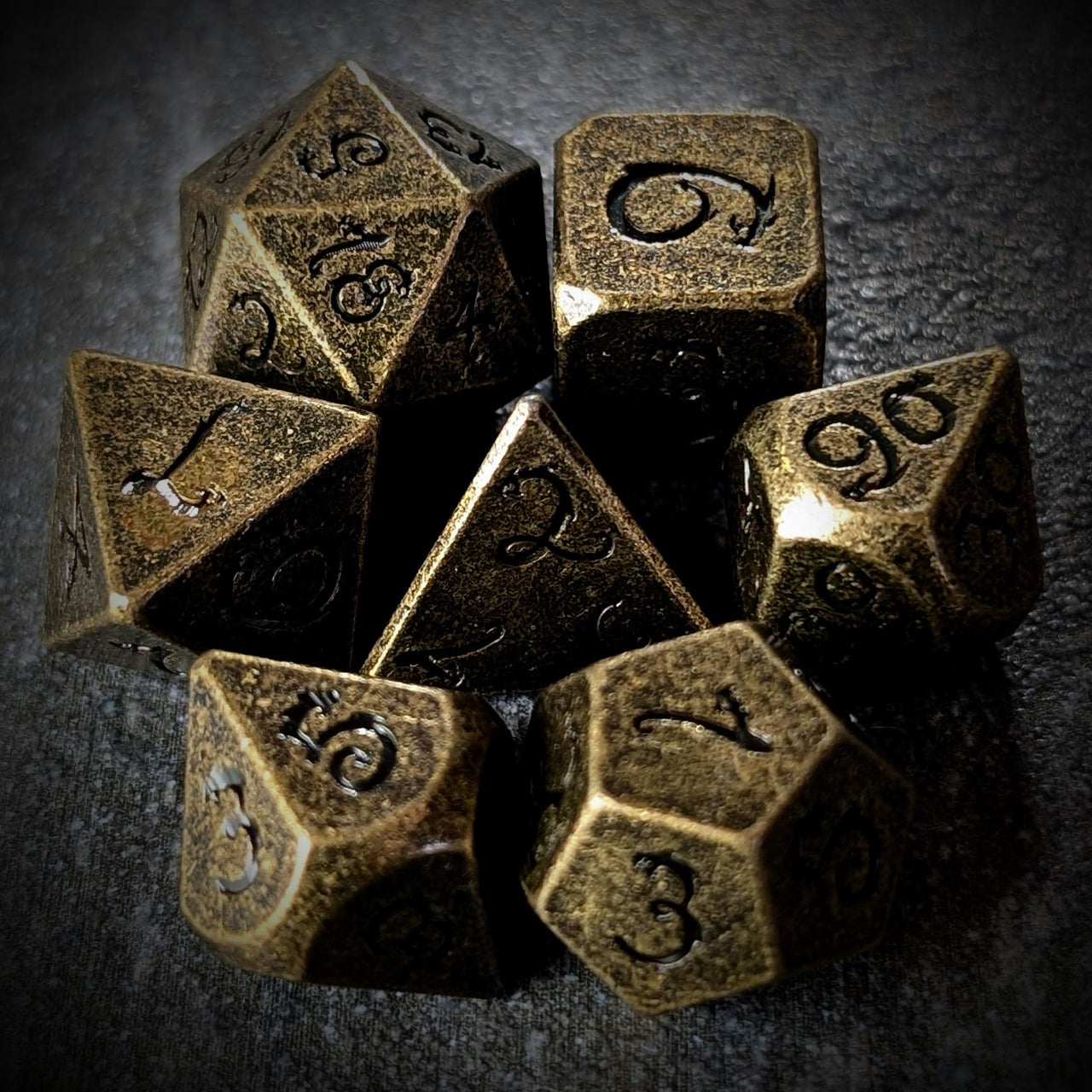 Bronze Metal with Black Dragon Font - 7pcs RPG Dice Set