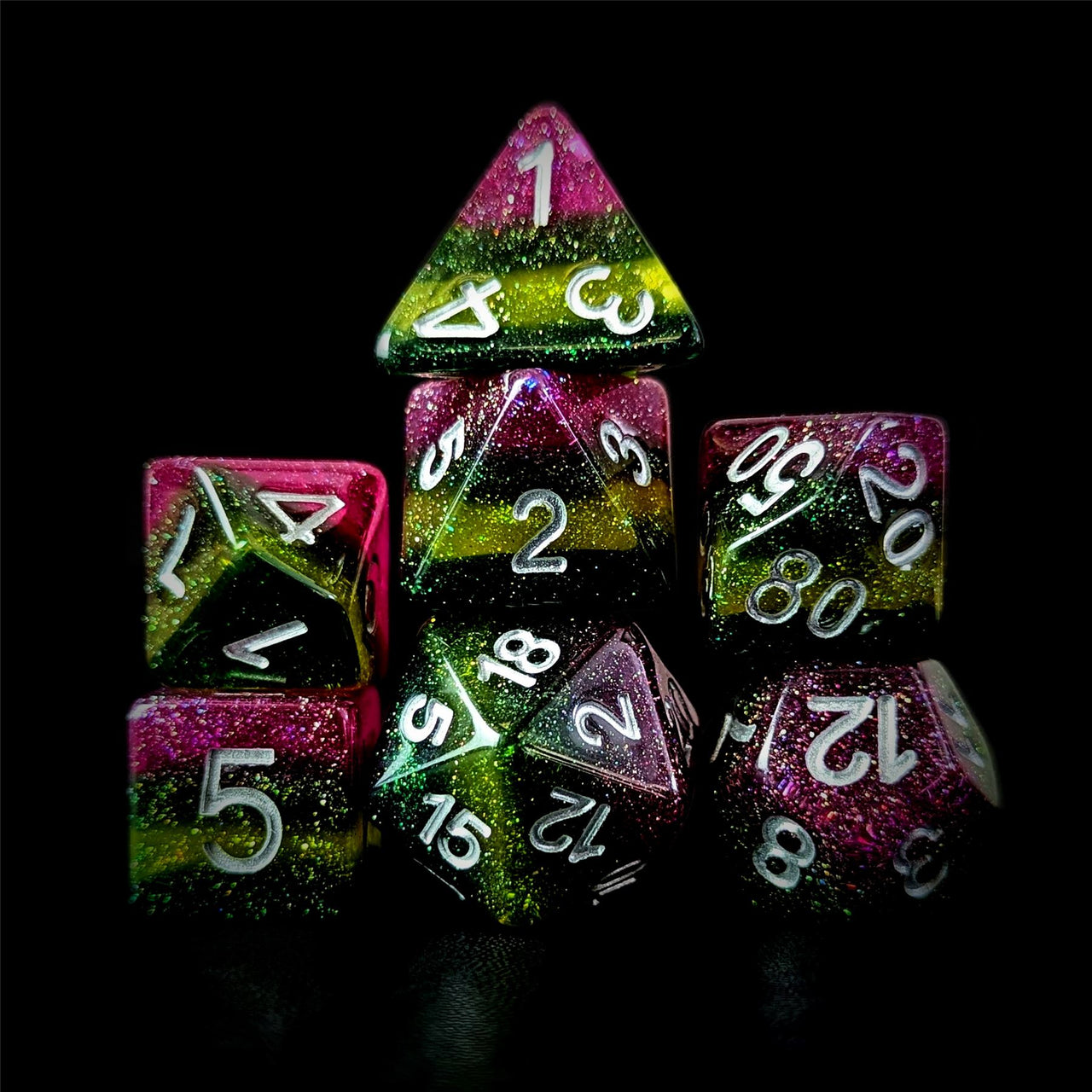 Glitter Purple, Yellow & Green Resin - 7pcs RPG Full Dice Set