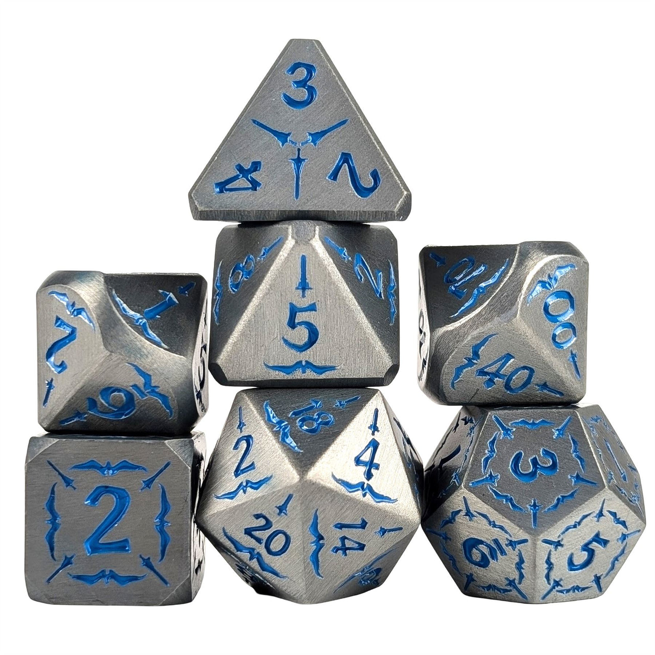 Blue Sword in Silver Metal - 7pcs RPG Dice Set