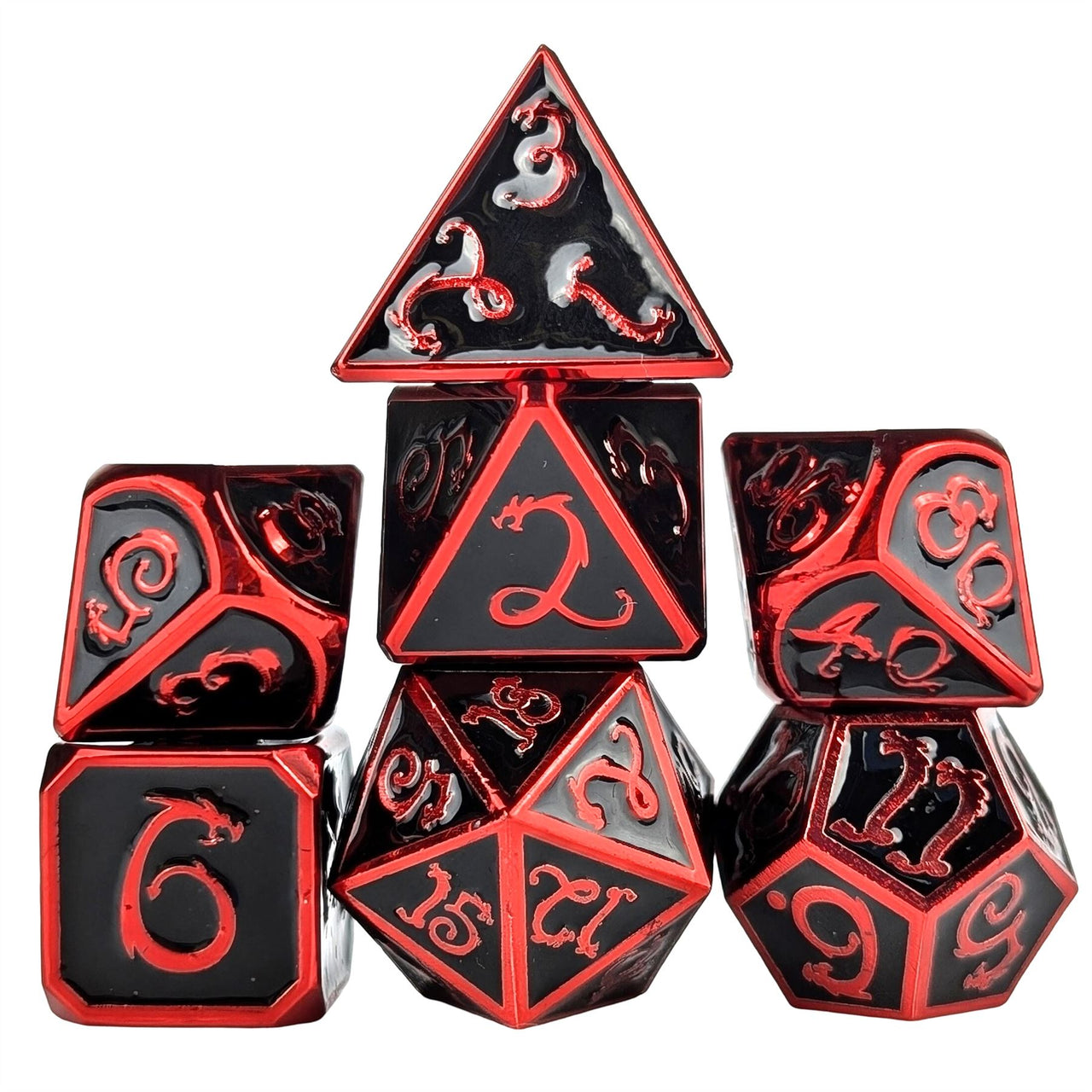 Black Metal with Red Dragon Font - 7pcs RPG Dice Set