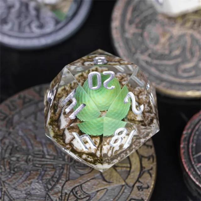 Green Dragon Egg in Clear Filled Sharp Resin - 7pcs RPG Dice Set