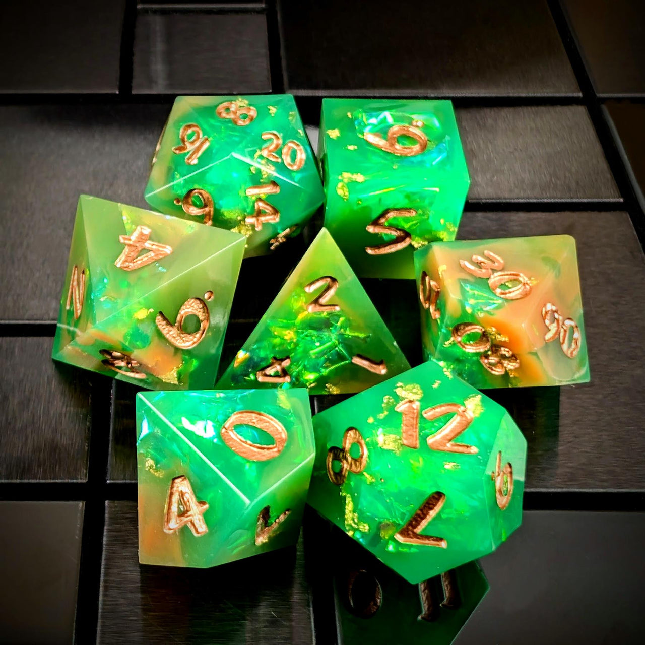 Candy in Green & Orange with Copper Foil Sharp Resin - 7pcs RPG Dice Set
