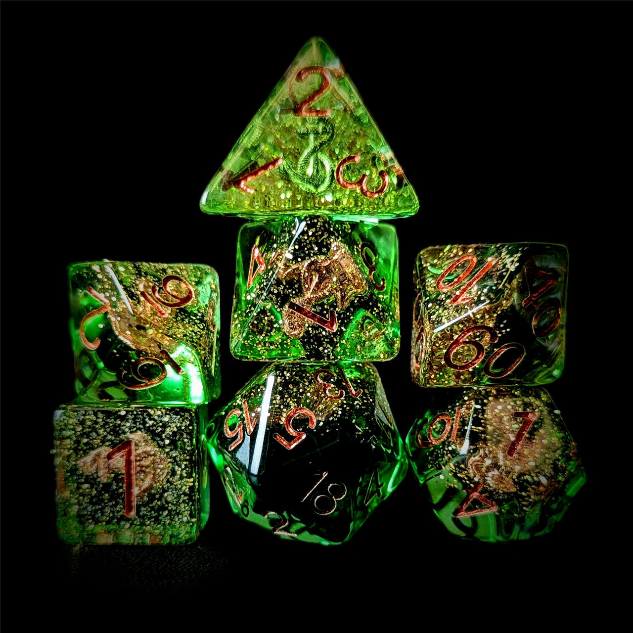 Anchor in Clear & Green Resin - 7pcs RPG Full Dice Set