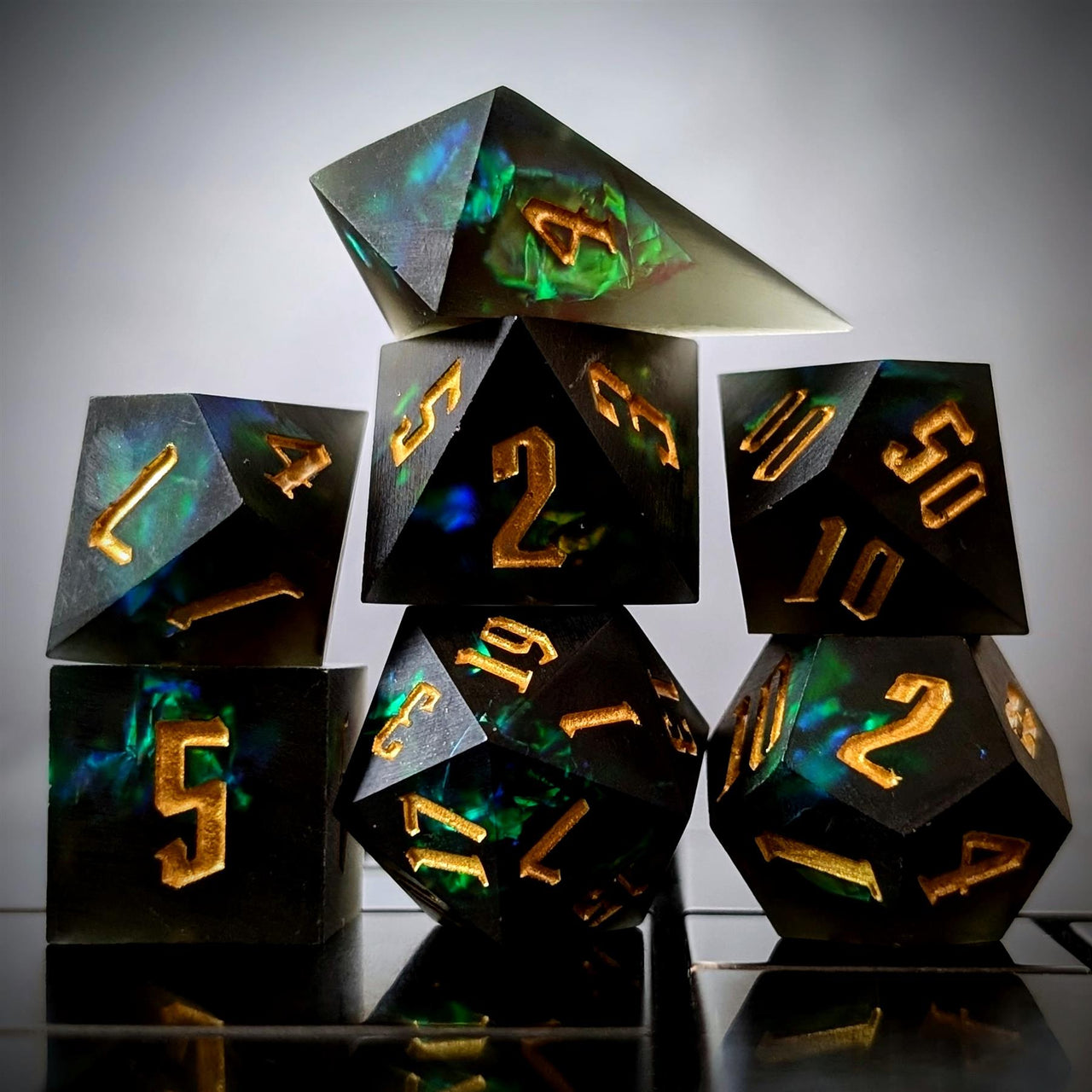 Green Candy in Frosted Black Sharp Resin - 7pcs RPG Dice Set