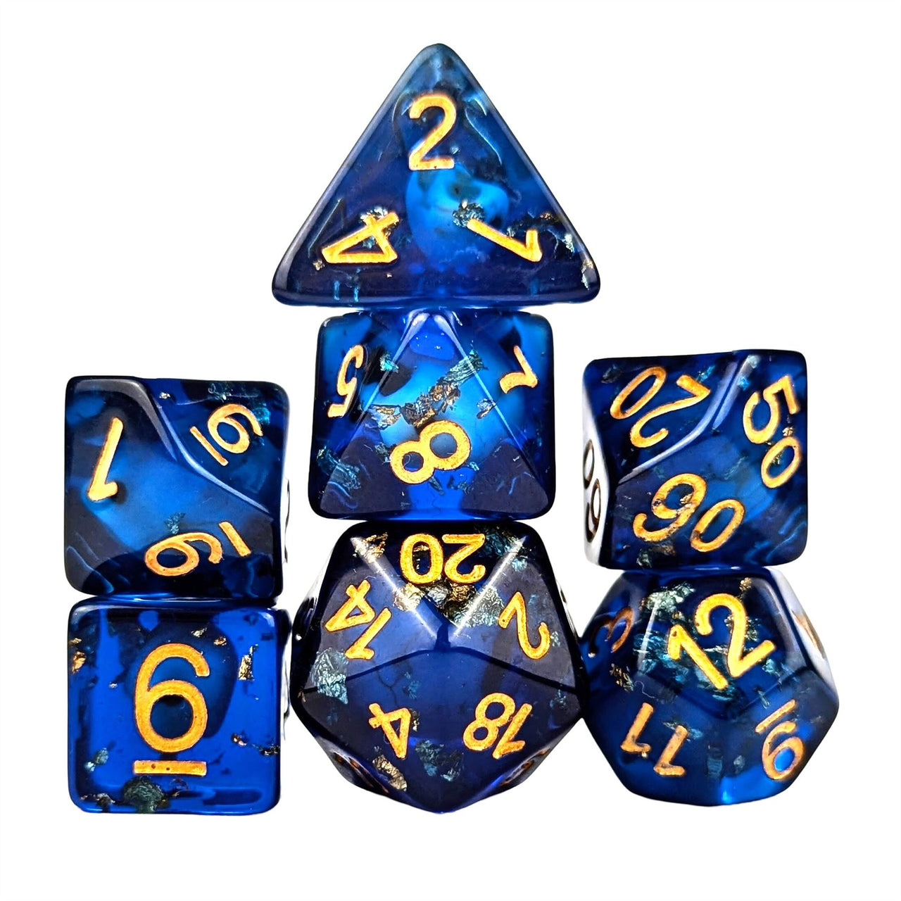 Gold Foil & Skull in Royal Blue Resin - 7pcs RPG Full Dice Set