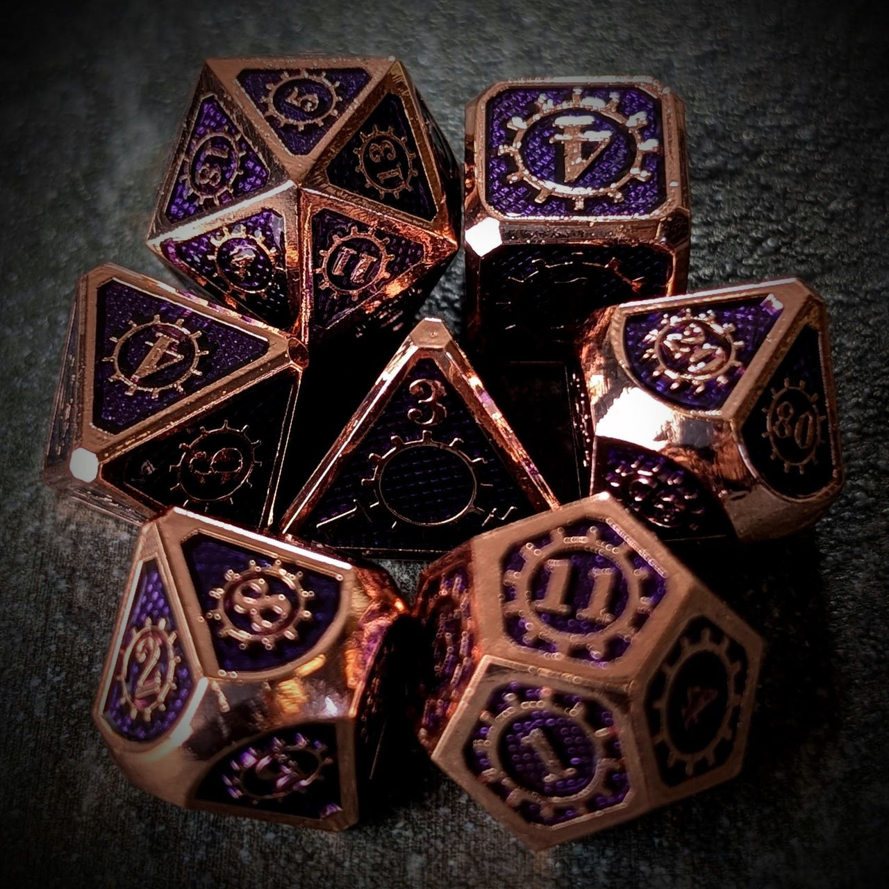 Gear in Purple Enamel Copper Metal - 7pcs RPG Dice Set