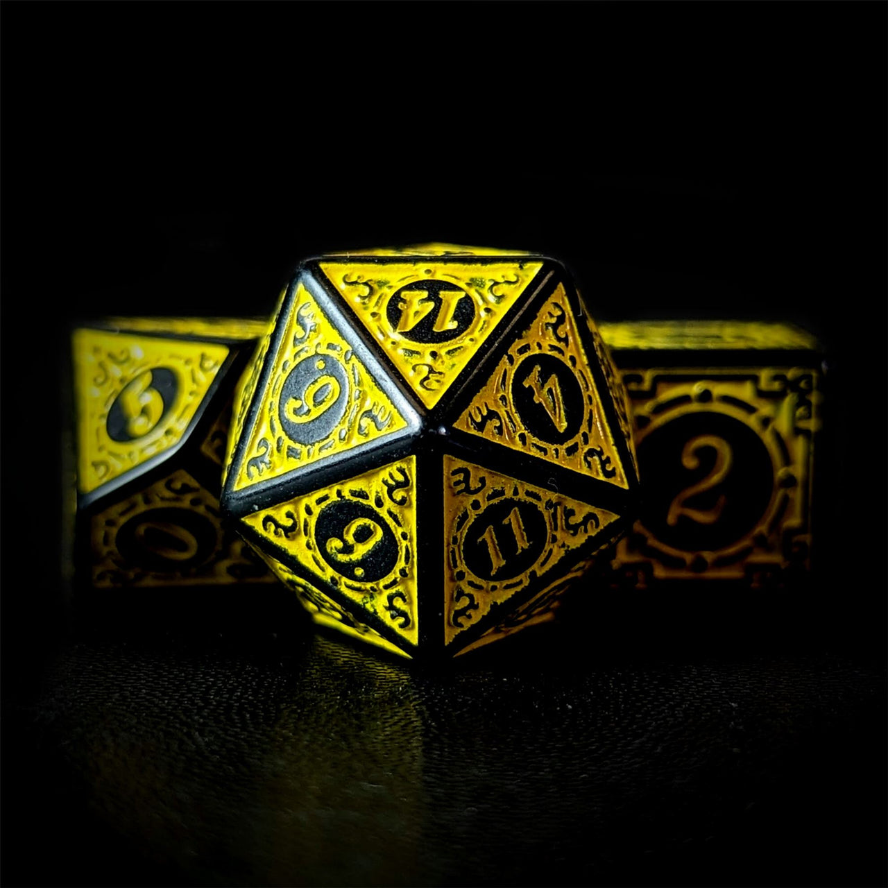 Yellow Lattice on Black Acrylic - 7pcs RPG Full Dice Set Close