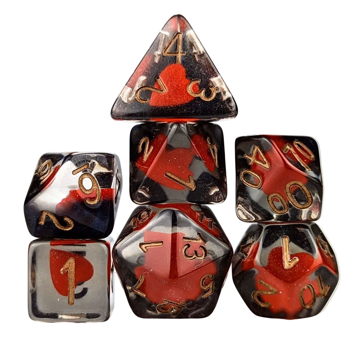 Hearts in Clear & Black Resin - 7pcs RPG Full Dice Set