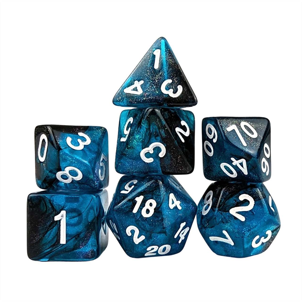 Glitter in Blue & Black Acrylic - 7pcs RPG Full Dice Set White Stack