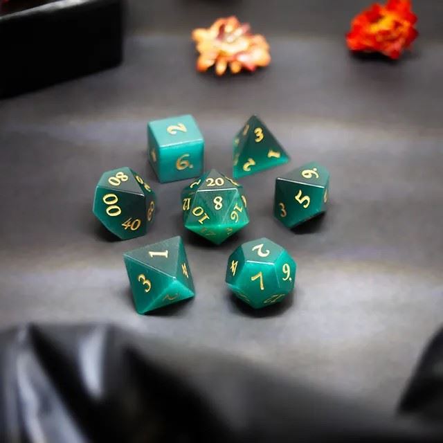 Green Cat Eye Gemstone - 7pcs RPG Dice Set