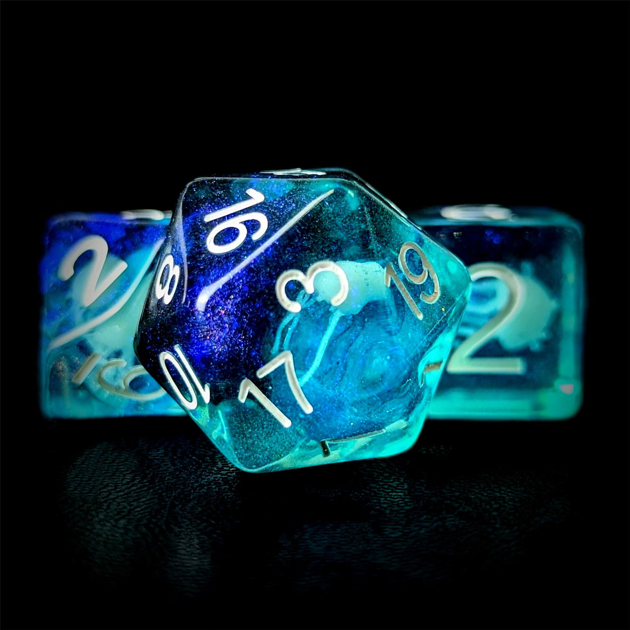 Glow in the Dark Jellyfish in Clear & Blue Resin - 7pcs RPG Full Dice Set