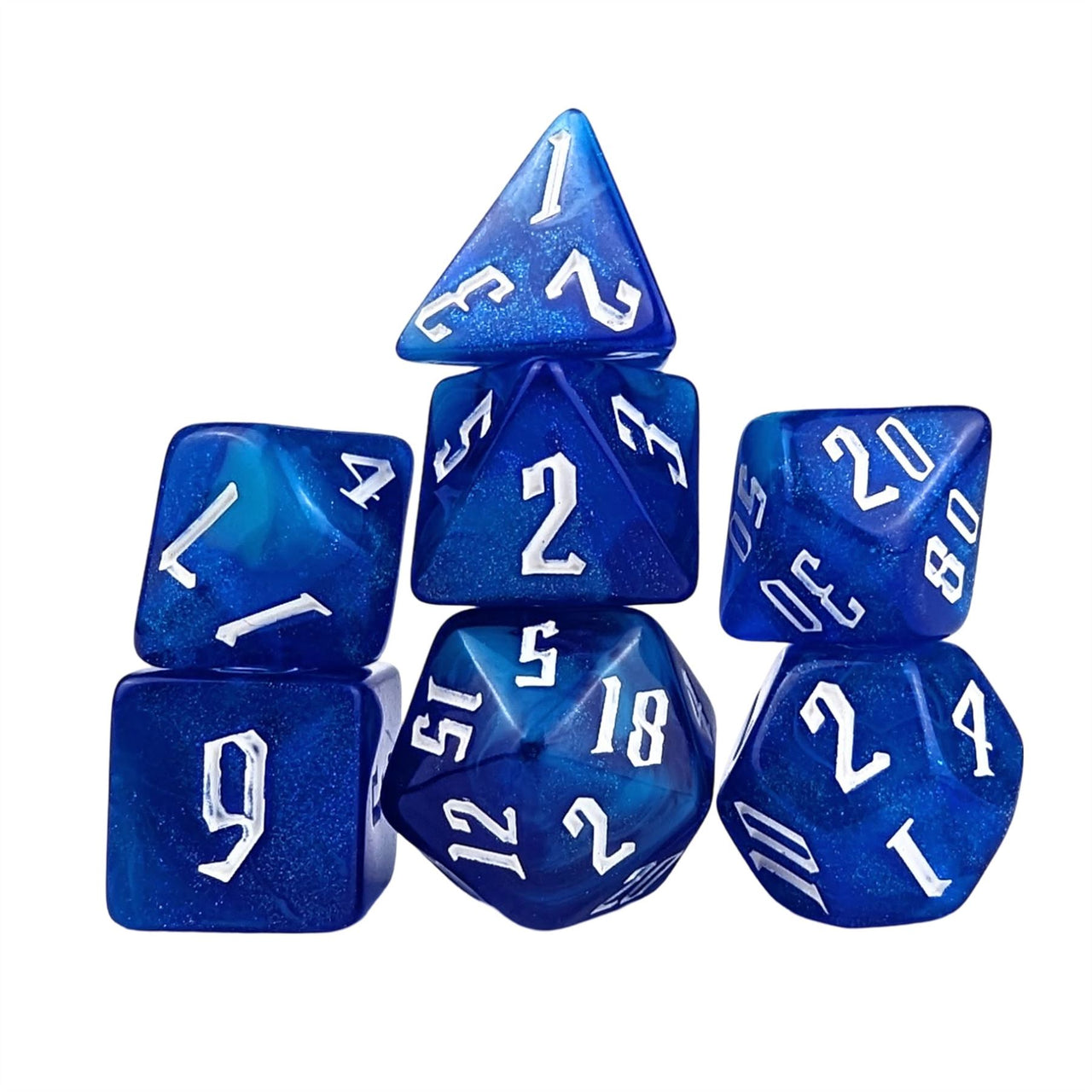 Glitter in Blue & White Acrylic - 7pcs RPG Full Dice Set White Stack