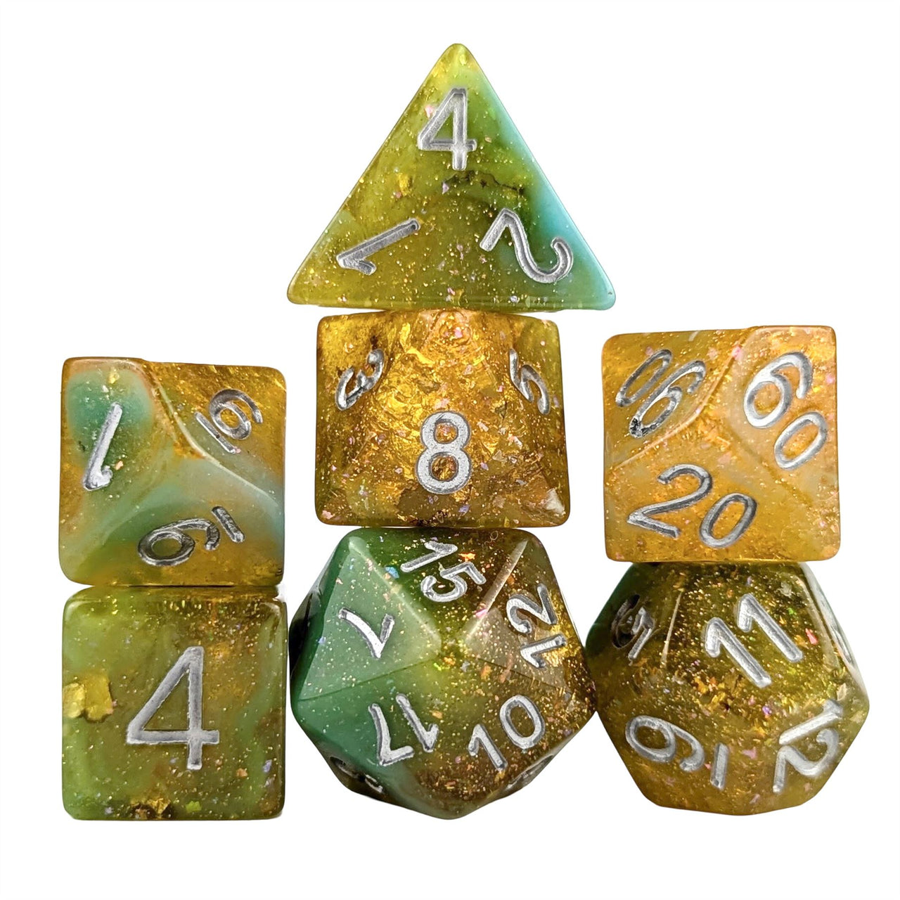 Glitter in Orange & Cyan Resin - 7pcs RPG Full Dice Set