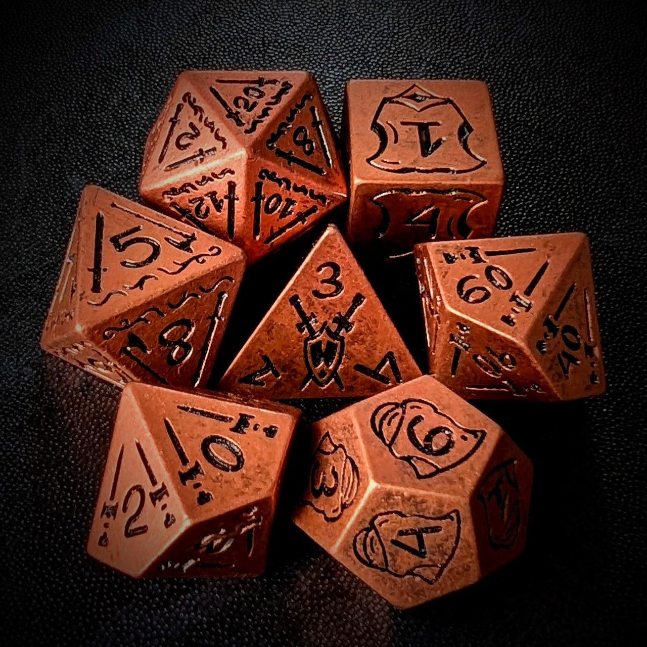 7pcs RPG Full Dice Set - Black Pattern on Copper Resin