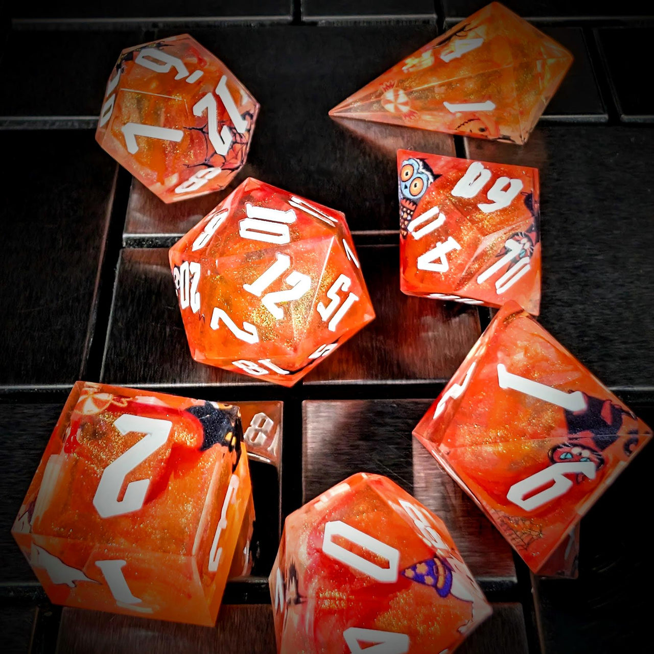 Halloween Ghosts in Orange Filled Sharp Resin - 7pcs RPG Dice Set