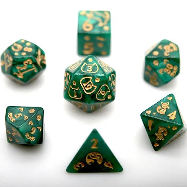 Gold Cats on Green Acrylic - 7pcs RPG Full Dice Set