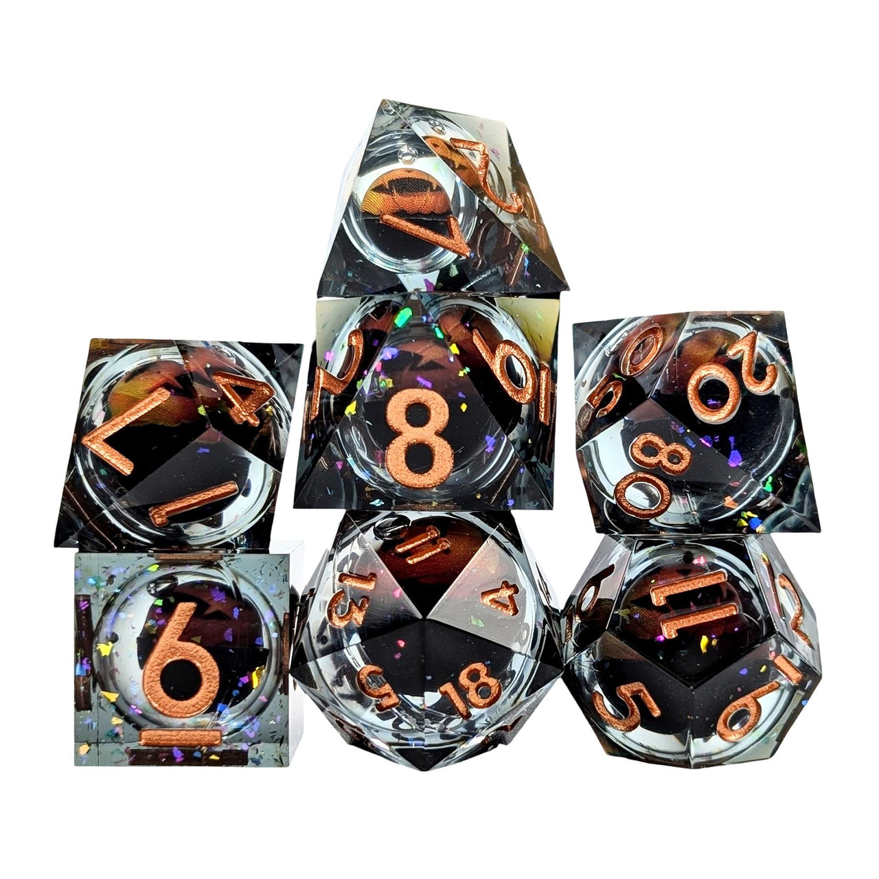 7pcs Dice Sharp Filled Liquid Copper Font Pumpkin Black Clear