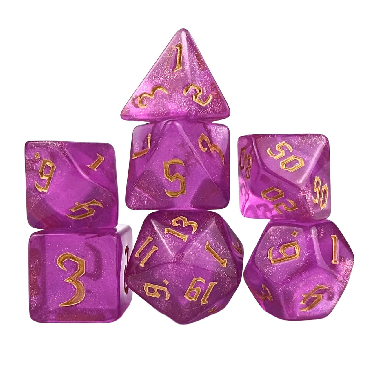 Glitter in Hot Pink Acrylic - 7pcs RPG Full Dice Set White Stack