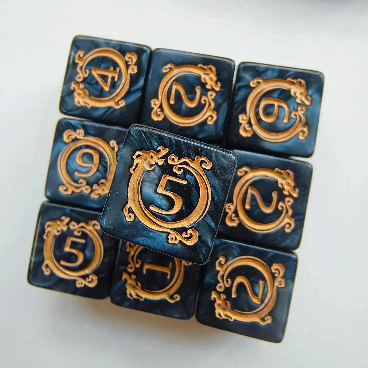 6pcs D6 17mm Dice Acrylic Blend Square Dragon Circle Gold Font Grey