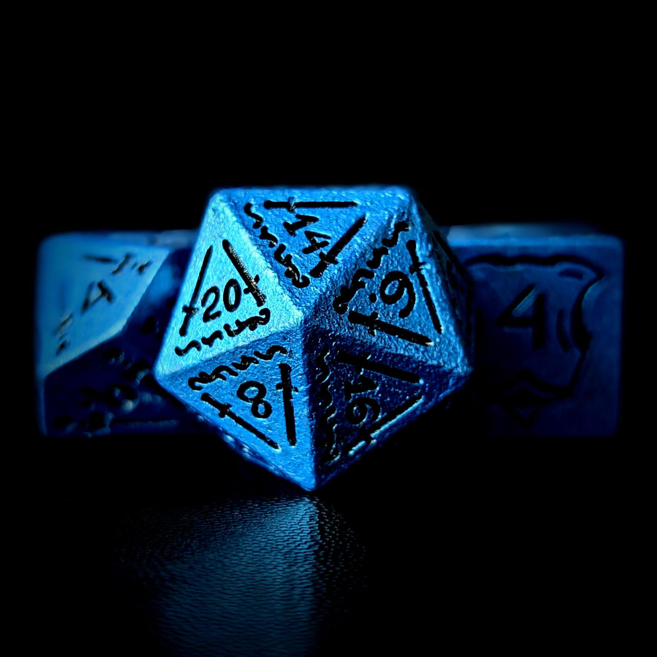 7pcs RPG Full Dice Set - Black Pattern on Blue Resin