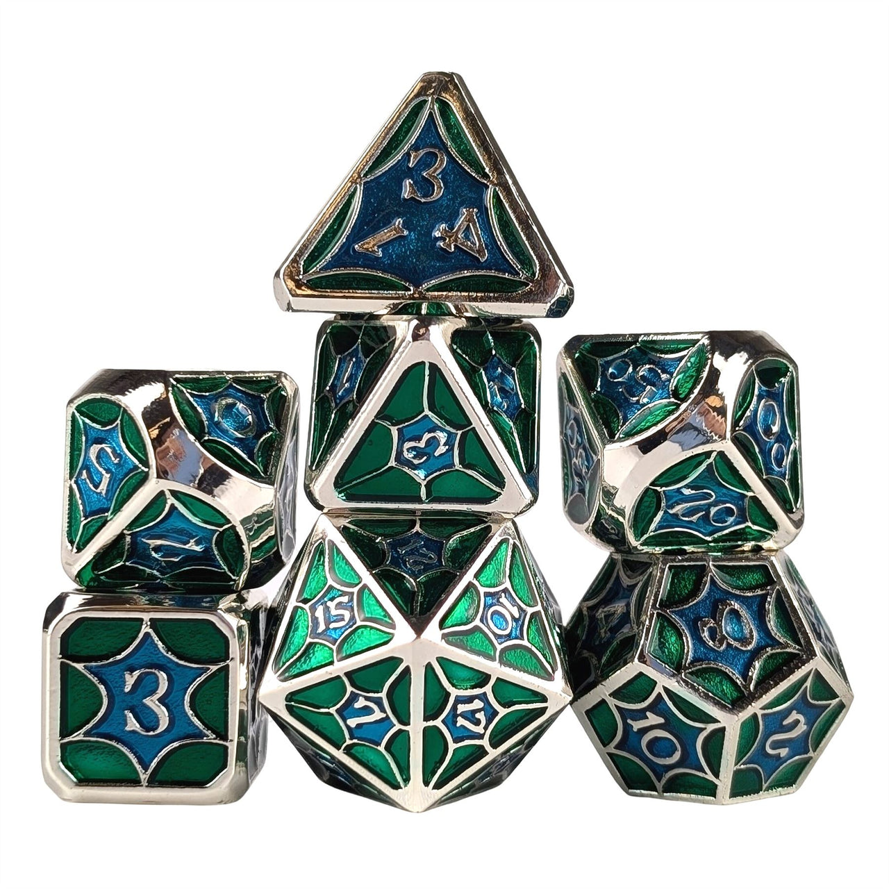 Blue & Green Spider's Web in Silver Metal - 7pcs RPG Dice Set