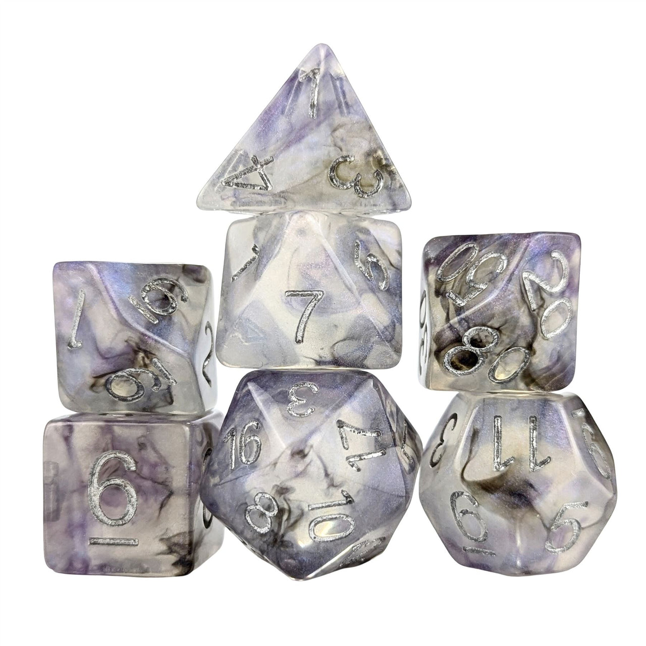 Glitter in Purple & White Resin - 7pcs RPG Full Dice Set