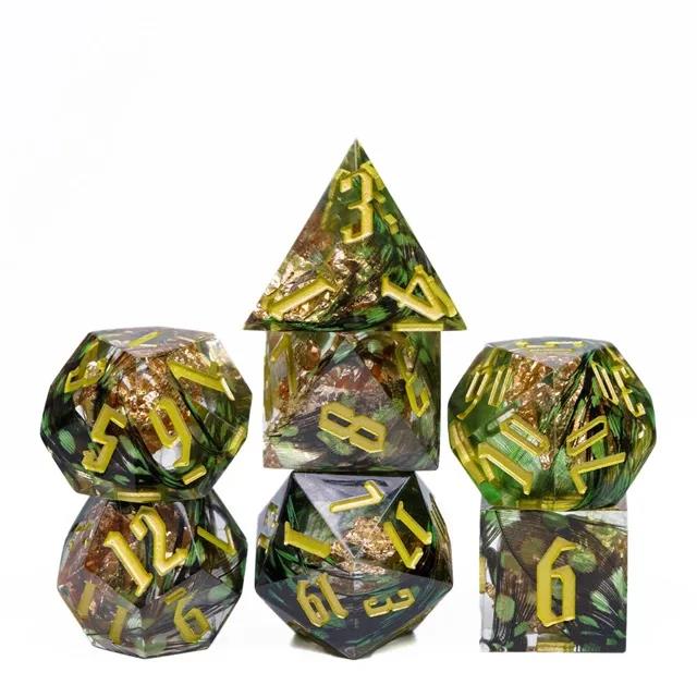 Foil Feather Black, Green & Clear Filled Sharp Resin - 7pcs RPG Dice Set