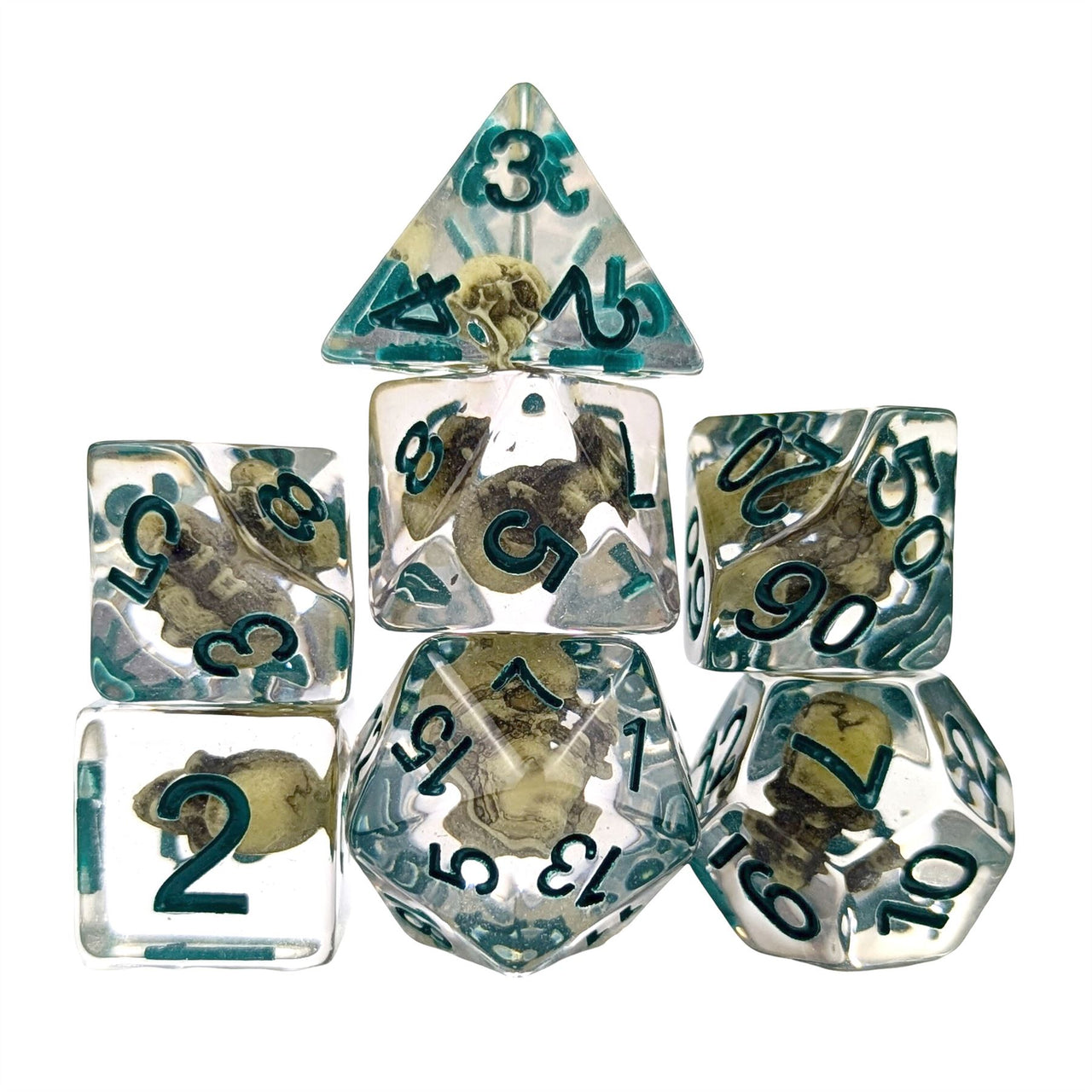 Green Skull in Clear Resin - 7pcs RPG Full Dice Set