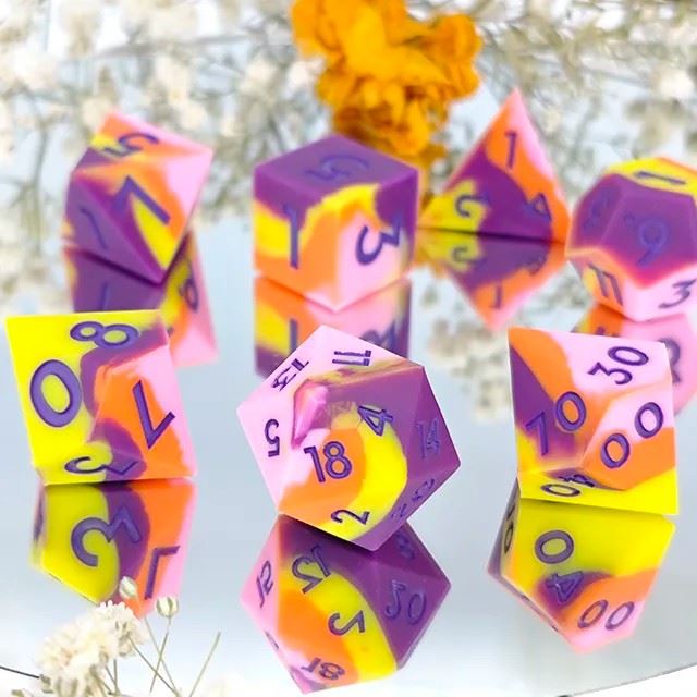 Purple & Orange Layered Silicone - 7pcs RPG Full Dice Set