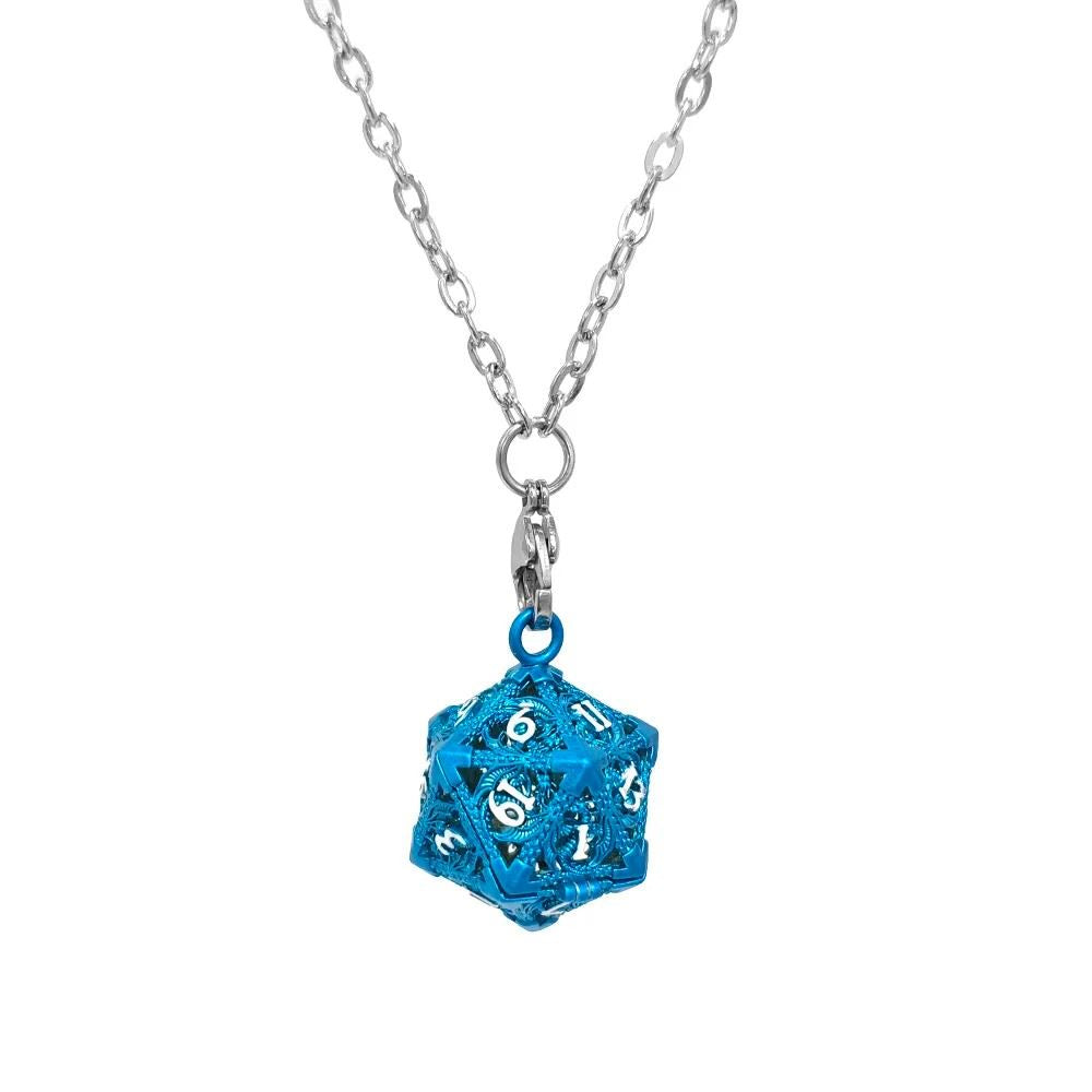 Blue D20 Dragon Cage with Mini Metal Dice Set Necklace