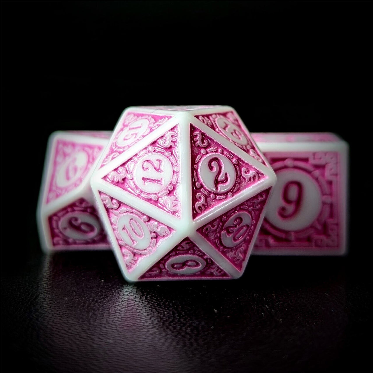 Pink Lattice on White Acrylic - 7pcs RPG Full Dice Set Close