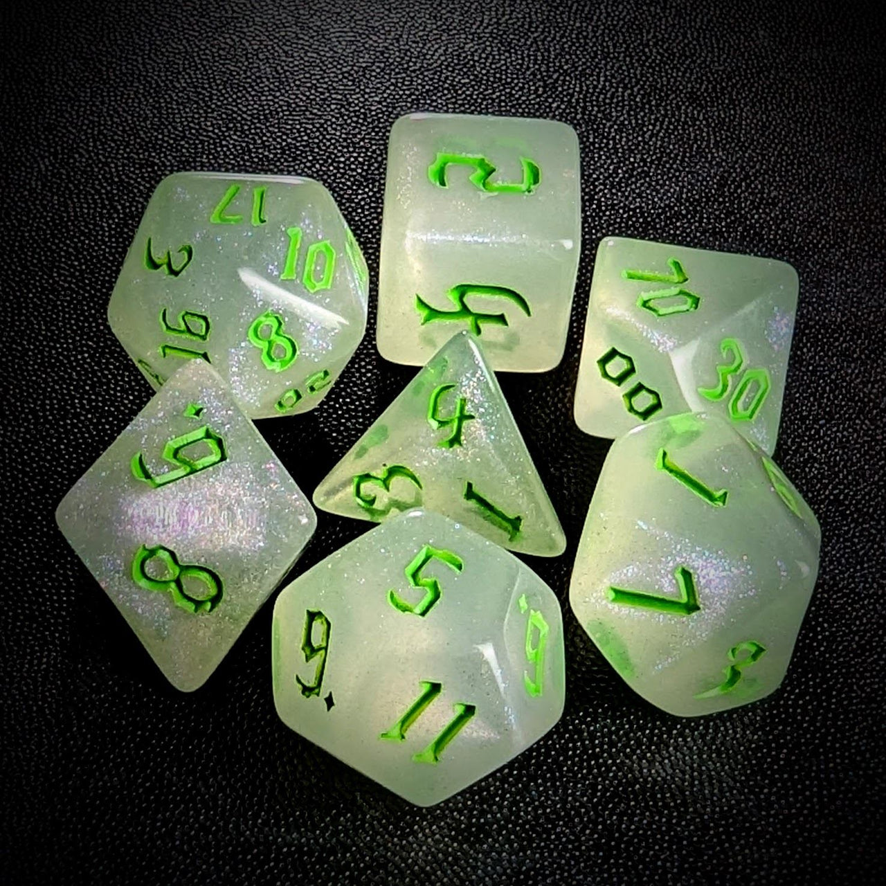 Glitter in White Acrylic with Green Font - 7pcs RPG Full Dice Set Top