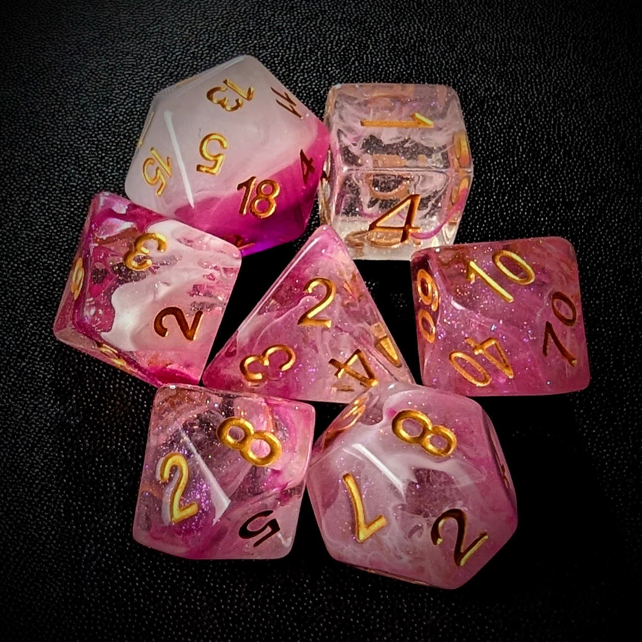 Pink & White Swirl in Clear Resin - 7pcs RPG Full Dice Set