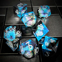 Thumbnail for 7pcs Dice Sharp Filled Liquid White Font Black Blue