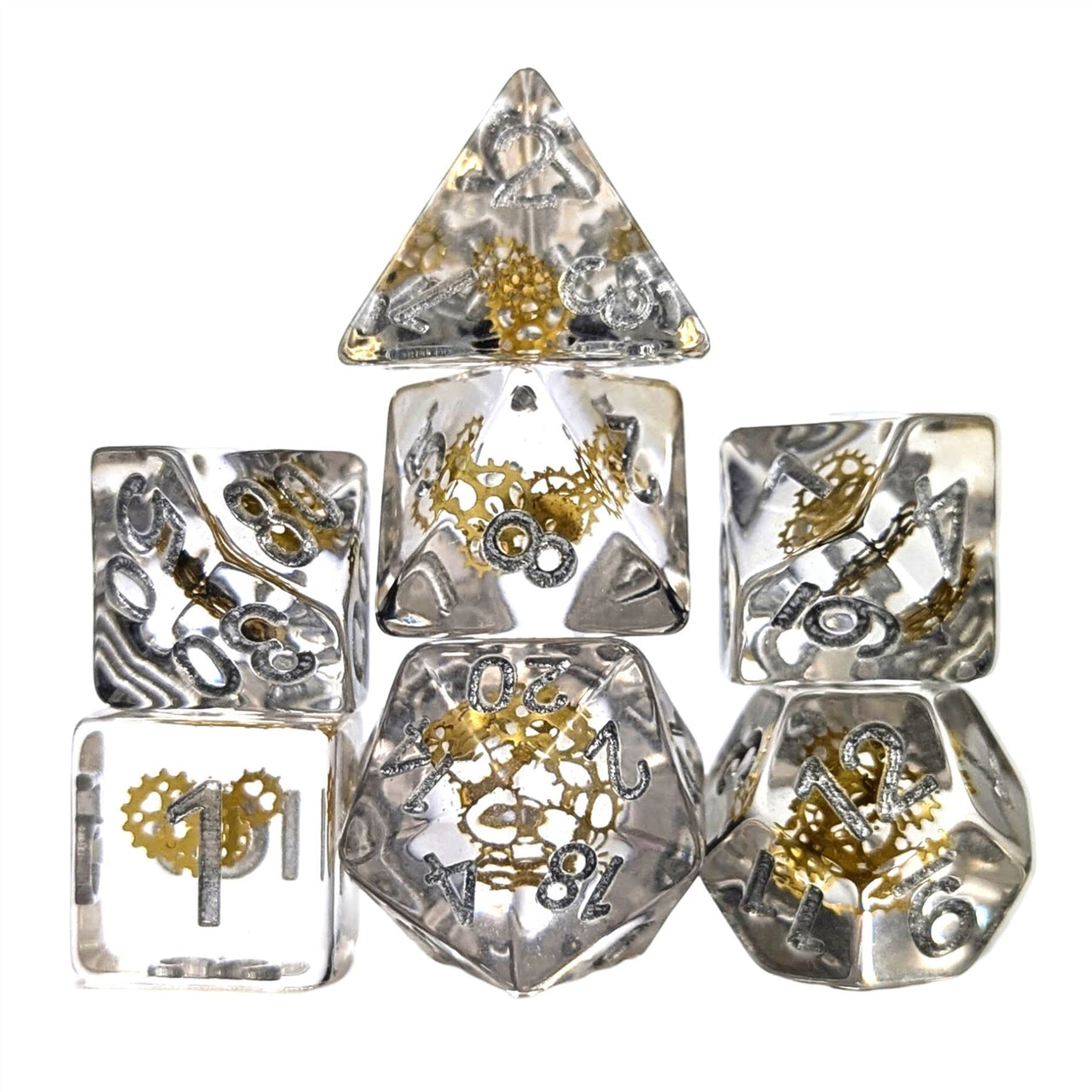 Gold Cogs in Clear Resin - 7pcs RPG Full Dice Set