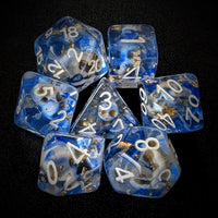 Thumbnail for Skull & Gold Foil in Clear & Blue Resin - 7pcs RPG Full Dice Set