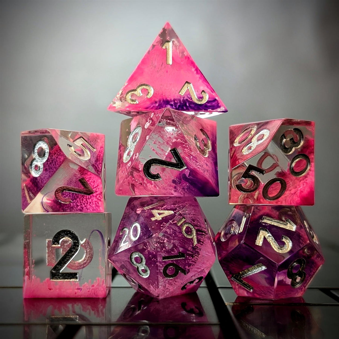 Layered Pink & Clear Sharp Resin - 7pcs RPG Dice Set