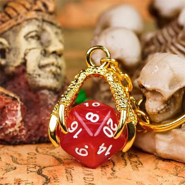 Red & Gold Acrylic in Metal Claw - D20 Keyring