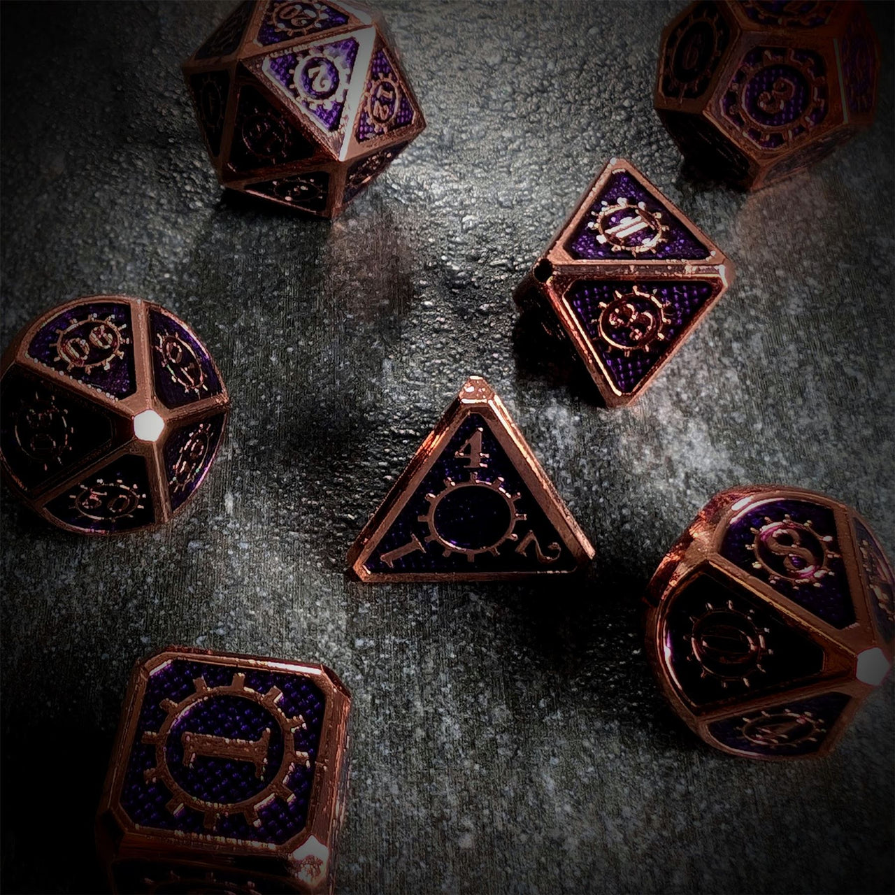 Gear in Purple Enamel Copper Metal - 7pcs RPG Dice Set