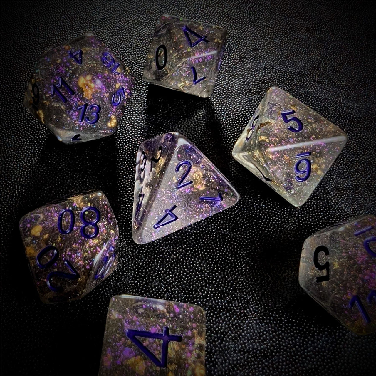 Gold Foil in Clear & Grey Resin - 7pcs RPG Full Dice Set