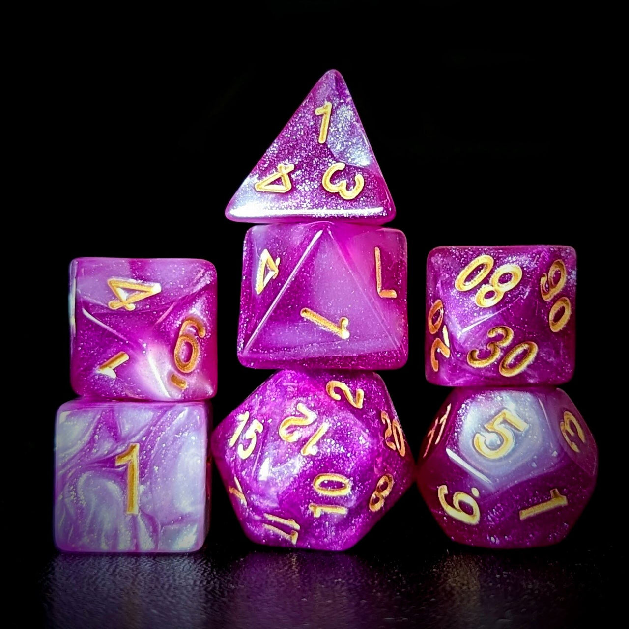 Glitter in Pink & White Acrylic - 7pcs RPG Full Dice Set Dark Stack