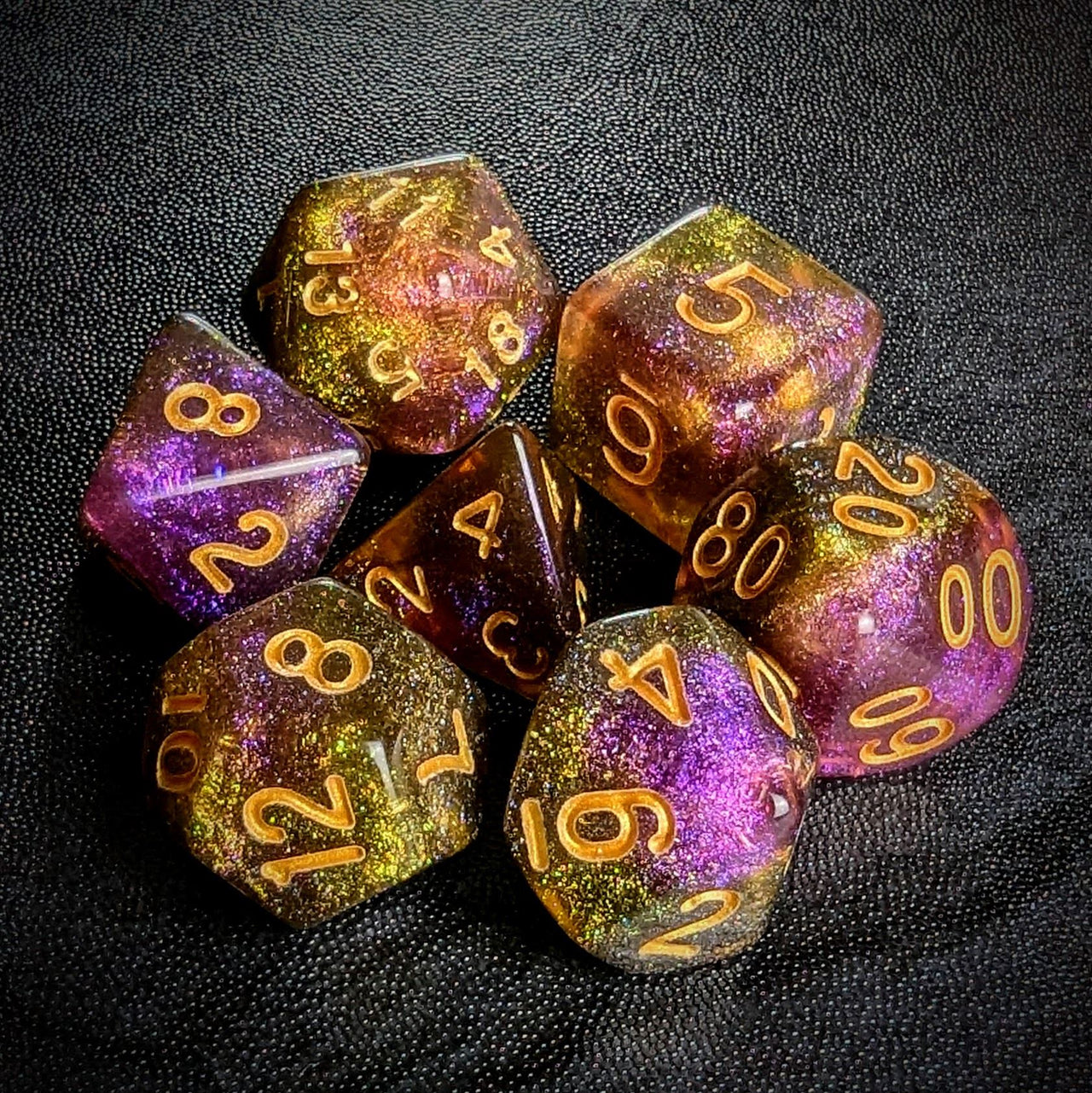 Glitter in Purple & Yellow Acrylic - 7pcs RPG Full Dice Set Top