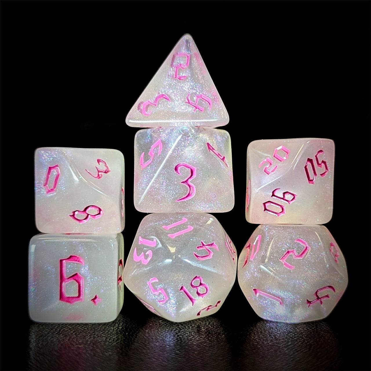 Glitter in White Acrylic with Pink Font - 7pcs RPG Full Dice Set Dark Stack