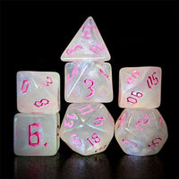 Thumbnail for Glitter in White Acrylic with Pink Font - 7pcs RPG Full Dice Set Dark Stack