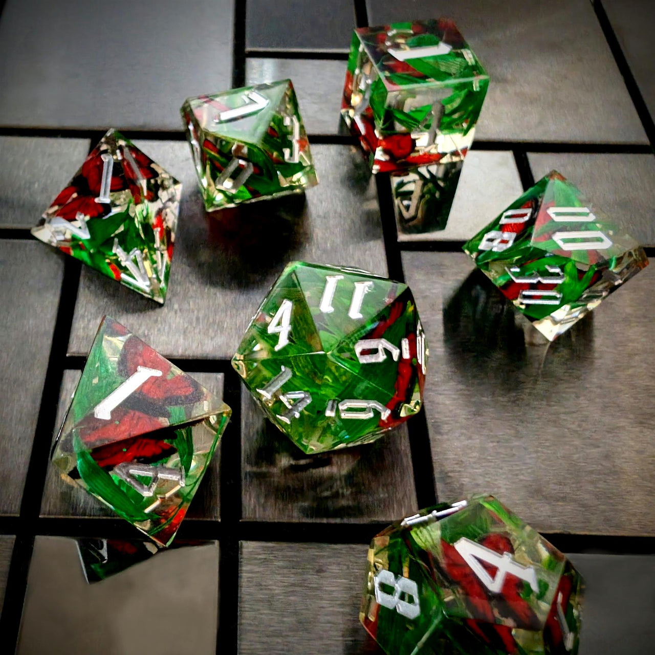 Red Butterfly in Clear Filled Sharp Resin - 7pcs RPG Dice Set