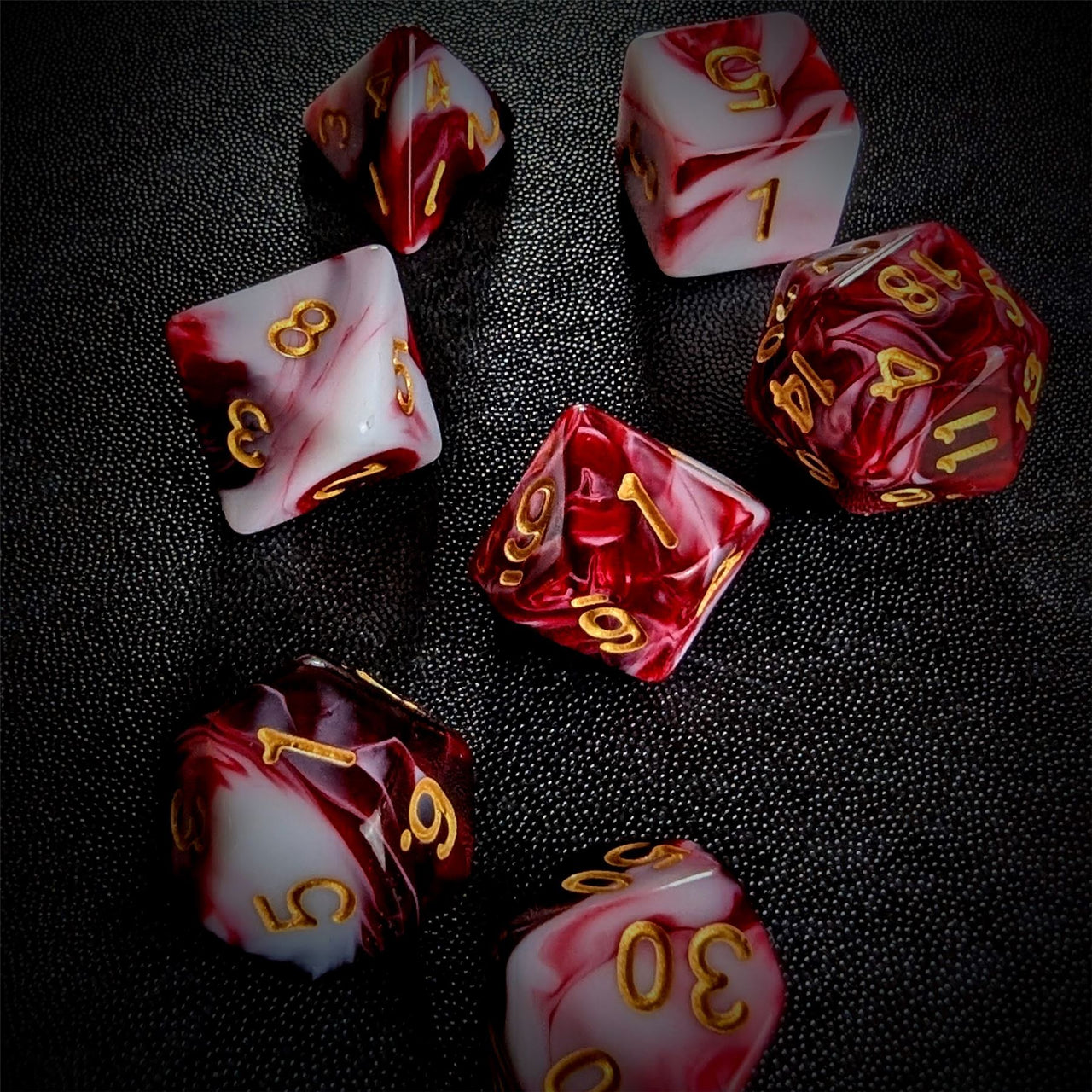 Blend of White & Red Acrylic - 7pcs RPG Full Dice Set